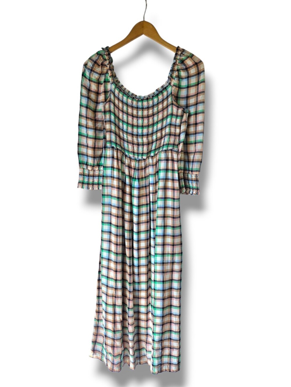 Anthropologie Maeve Cerie Smocked Plaid Square Neck Midi Dress Size Small - Picture 3 of 11